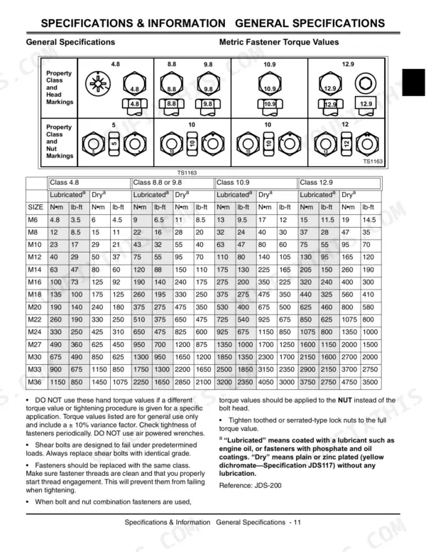 John Deere 2305 metric fastener torque values table for bolt classes 4.8, 8.8, 9.8, 10.9, and 12.9 in Nm and lb-ft.