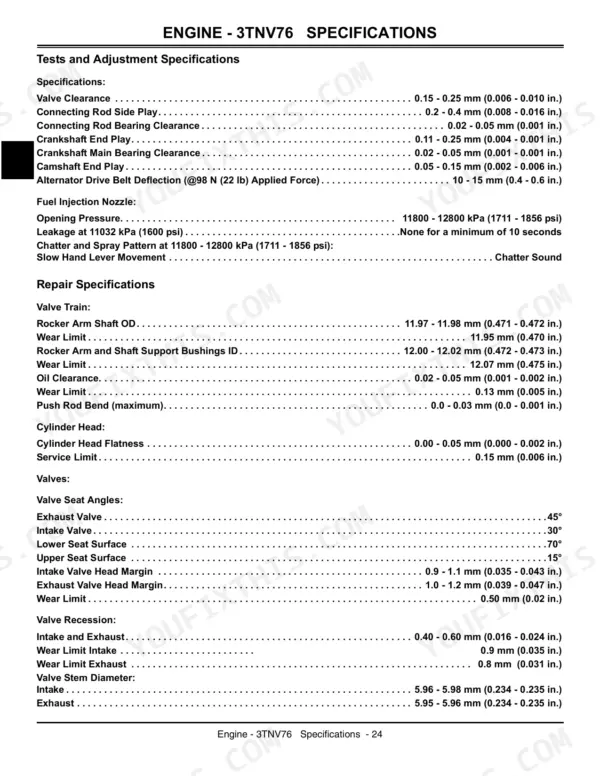 John Deere 2305 3TNV76 engine specifications table for valve train, cylinder head, and fuel injection nozzle settings.