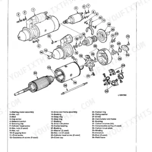 John Deere 2355, 2555, 2755, 2855N starting motor exploded view diagram with numbered component parts list.