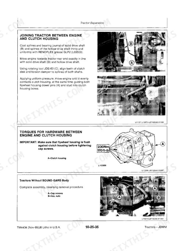John Deere 2355, 2555, 2755, 2855N procedure for joining tractor engine and clutch housing with torque specs.