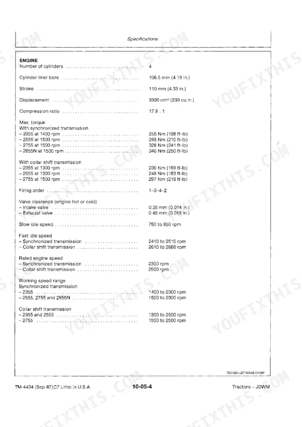 John Deere 2355, 2555, 2755, 2855N engine specifications table including torque, valve clearance, and idle speeds.