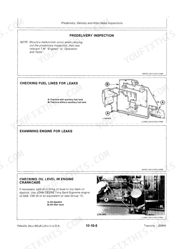 John Deere 2355, 2555, 2755, 2855N predelivery inspection, fuel line leak diagram, and engine oil level check procedure.
