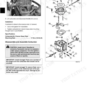 John Deere 2500, 2500A, 2500E gas engine carburetor repair, exploded view diagram, removal procedure, and torque specs.