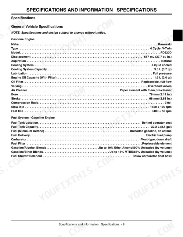 John Deere 2500, 2500A, 2500E Kawasaki FD620D engine and fuel system technical specifications table.