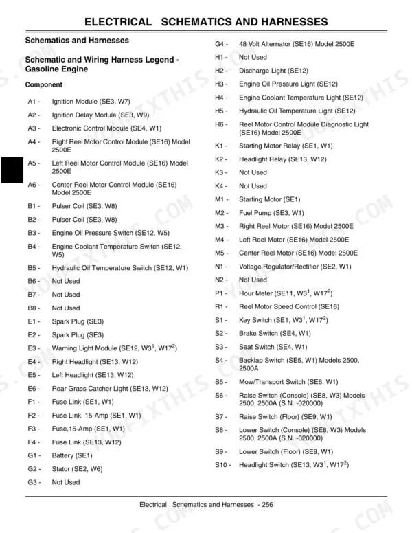 John Deere 2500, 2500A, 2500E electrical schematics and wiring harness legend for gasoline engine components.