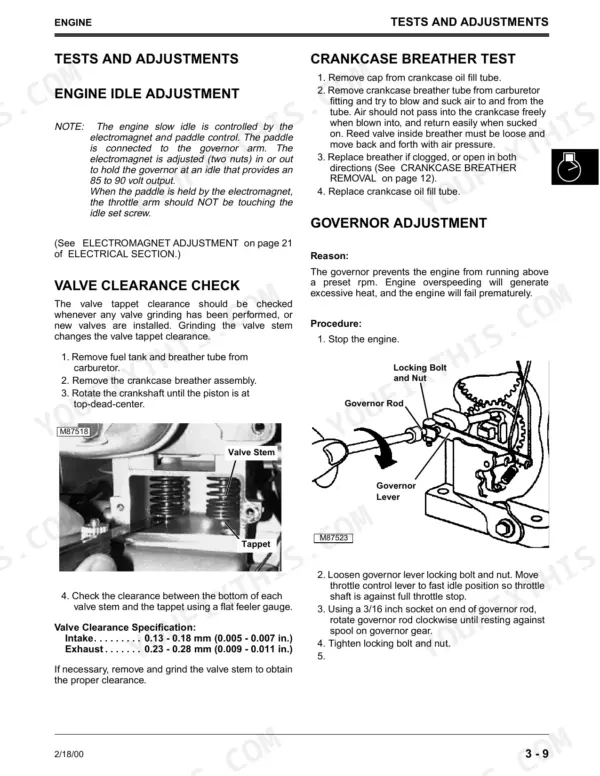 John Deere 250G, 440G, 550GE, G2500K, G4400K, G5500K, G5500KE engine idle, breather, valve clearance, and governor adjustment procedures.