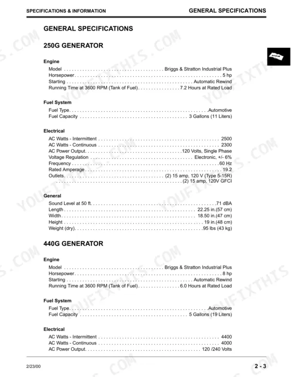 John Deere 250G, 440G, 550GE, G2500K, G4400K, G5500K, G5500KE general specifications table for 250G and 440G generator models.