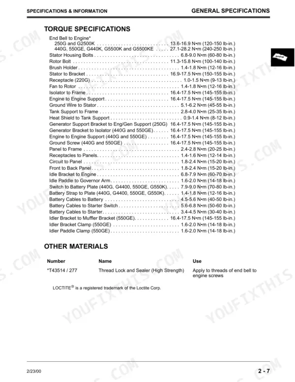 John Deere 250G, 440G, 550GE, G2500K, G4400K, G5500K, G5500KE torque specifications table and thread lock material list.