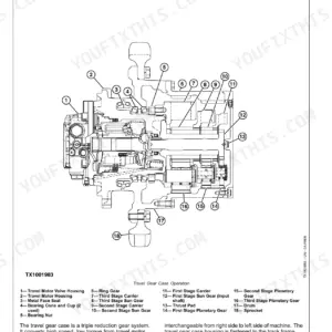 John Deere 250GLC, 250GLC Excavator, 250G Excavator travel gear case operation diagram with numbered component list.
