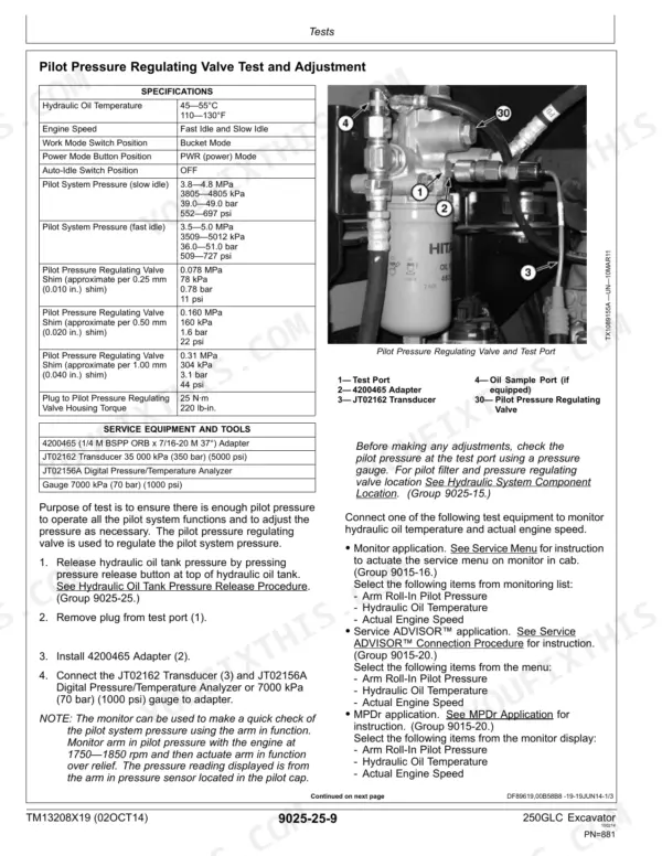 John Deere 250GLC, 250GLC Excavator, 250G Excavator pilot pressure regulating valve test and adjustment procedure.