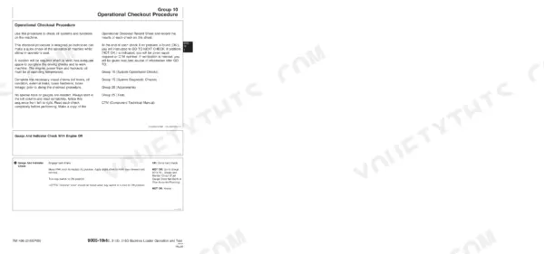 John Deere 300D, 310D, 315D operational checkout procedure and gauge indicator check instructions.