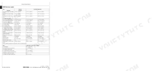 John Deere 300D, 310D, 315D backhoe loader general specifications table including digging depth, reach, and loader dimensions.