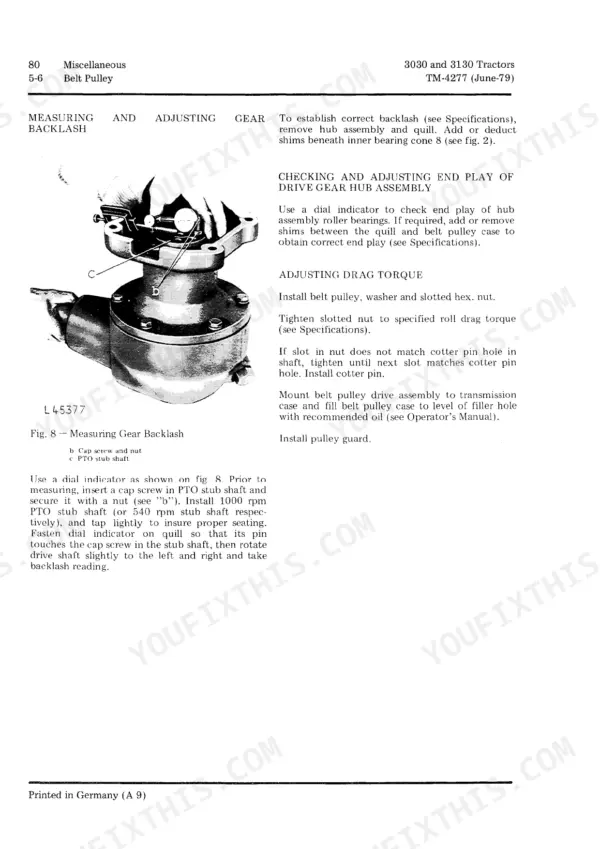 John Deere 3030, 3130 manual page for belt pulley gear backlash, end play adjustment, and drag torque procedures.