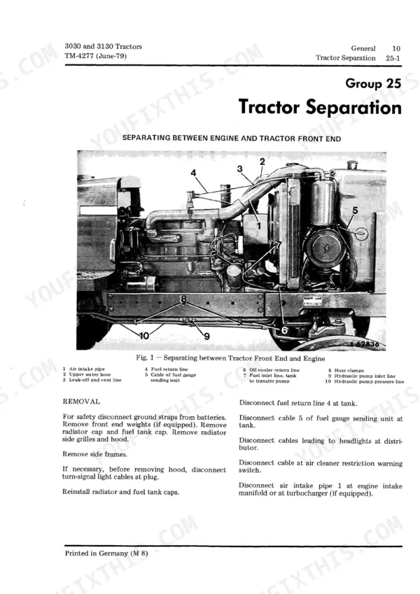 John Deere 3030, 3130 tractor separation procedure diagram showing engine and front end disconnection points.