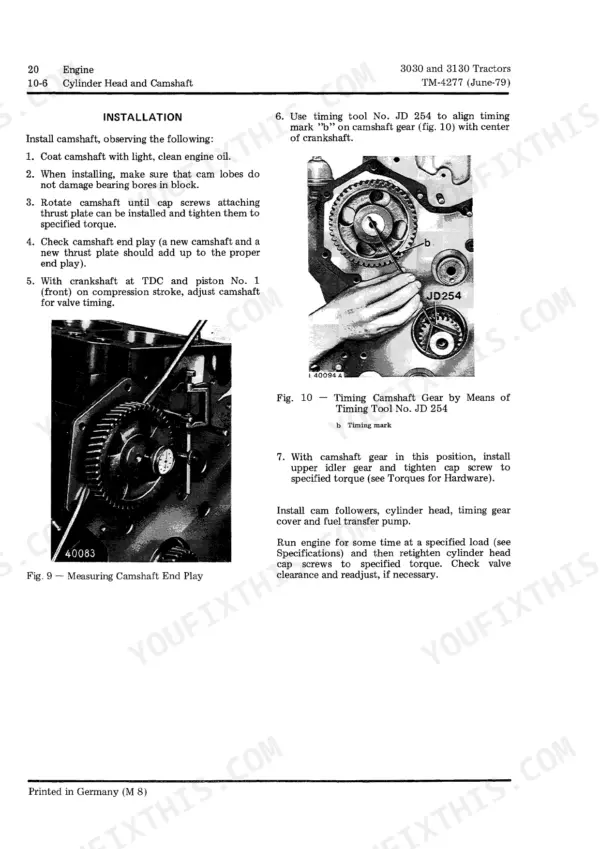 John Deere 3030, 3130 engine camshaft installation, end play measurement, and timing gear alignment procedures.