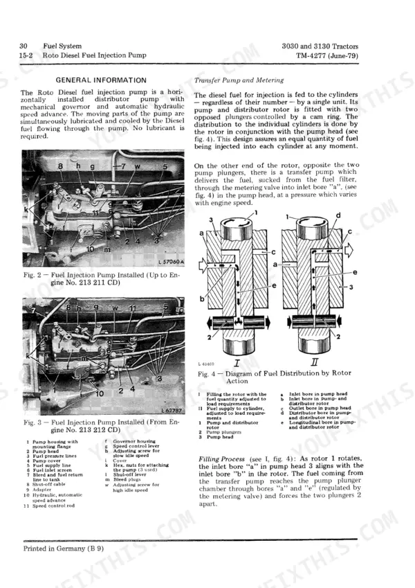John Deere 3030, 3130 Roto Diesel fuel injection pump general information, installation photos, and rotor distribution diagrams.