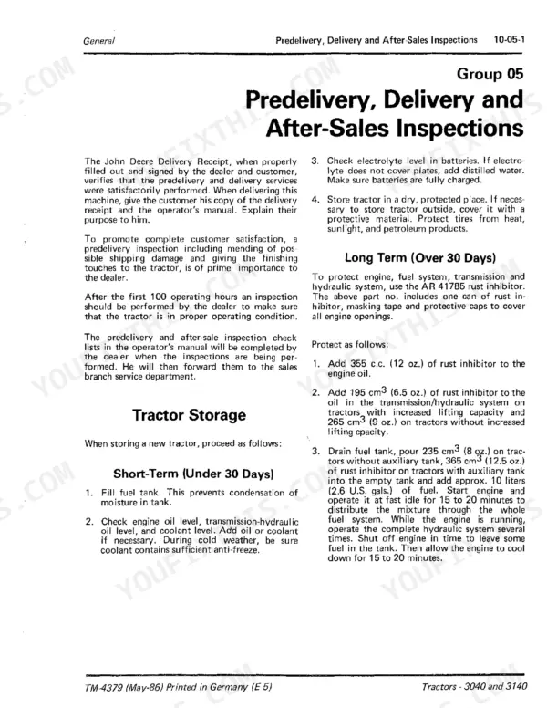 John Deere 3040, 3140 predelivery, delivery, and tractor storage inspection procedures manual page.