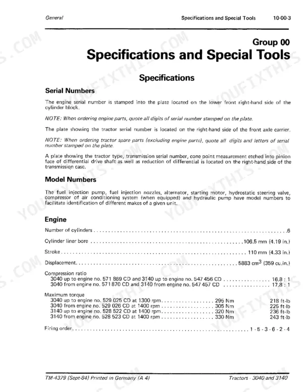 John Deere 3040, 3140 manual page showing engine specifications, serial number locations, and torque data tables.