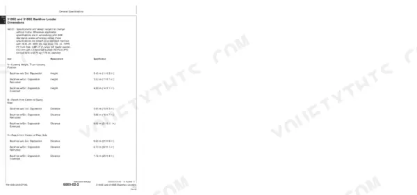 John Deere 310SE, 315SE technical manual page showing backhoe loading height and reach dimension specifications table.