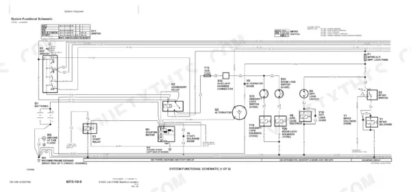 John Deere 310SE, 315SE wiring diagram for power, charging, start, differential, sideshift, and boom lock circuits.