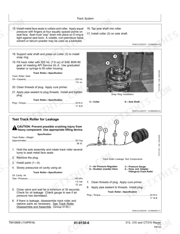 John Deere 313, 315, CT315 track roller assembly, snap ring installation, and leakage test procedures with specifications.