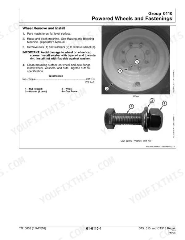 John Deere 313, 315, CT315 wheel removal and installation procedure with torque specs and component diagrams.