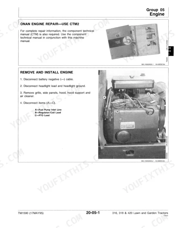 John Deere 316, 318, 420 Onan engine removal and installation procedure steps and component identification diagram.