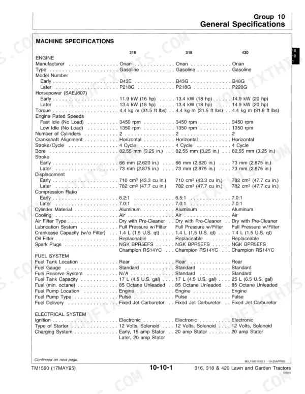 John Deere 316, 318, 420 general specifications table for engine, fuel, and electrical systems.