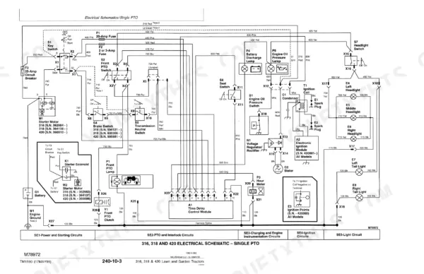 John Deere 316, 318, 420 electrical schematic diagram for single PTO system showing ignition, lighting, and starter circuits.