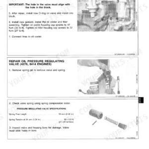 John Deere 3179, 4239, 6359, 4276, 6414 lubrication system repair, oil pressure regulating valve specs, and assembly.