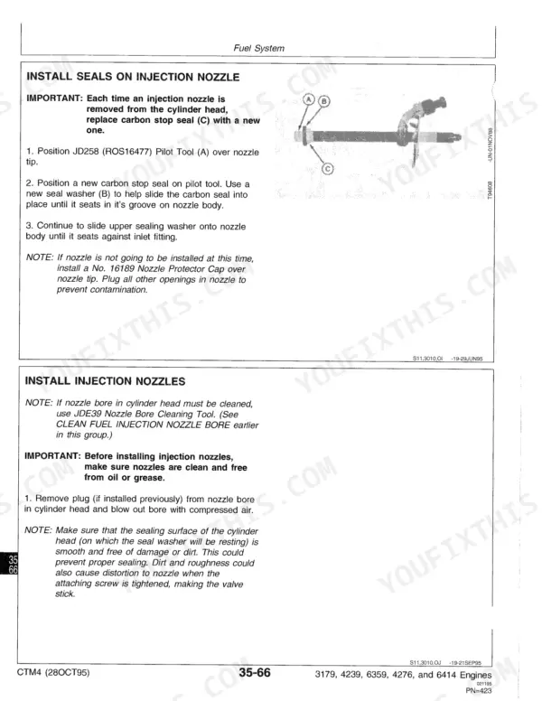 John Deere 3179, 4239, 6359, 4276, 6414 fuel system manual: procedures to install injection nozzle seals and nozzles.