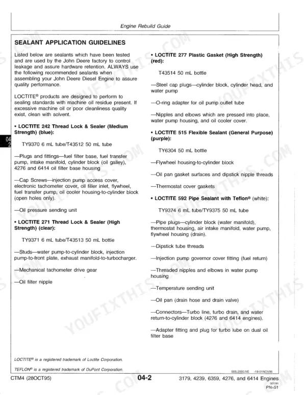 John Deere 3179, 4239, 6359, 4276, 6414 engine rebuild guide listing recommended Loctite sealant application guidelines.