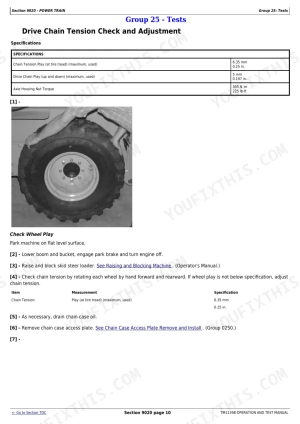John Deere 318D, 319D, 320D, 323D drive chain tension check and adjustment procedure with torque specifications table.