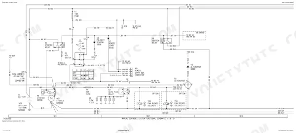 John Deere 318D, 319D, 320D, 323D wiring diagram showing starter, ignition, glow plug relays, and key switch circuits.