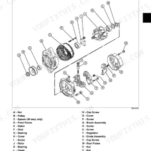 John Deere 3215, 3215A, 3215B, 3225B, 3235, 3235A, 3235B exploded view diagram of diesel engine alternator components.