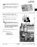 john-deere-322-to-430-lawn-and-garden-tractor-technical-manual-tm1591-procedures-57.webp John Deere 322, 330, 332, 430 engine removal procedure, cooling system safety warning, and starter/alternator lead diagram.