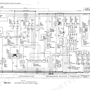 John Deere 322, 330, 332, 430 main electrical schematic diagram showing ignition, PTO, charging, and fuel circuits.