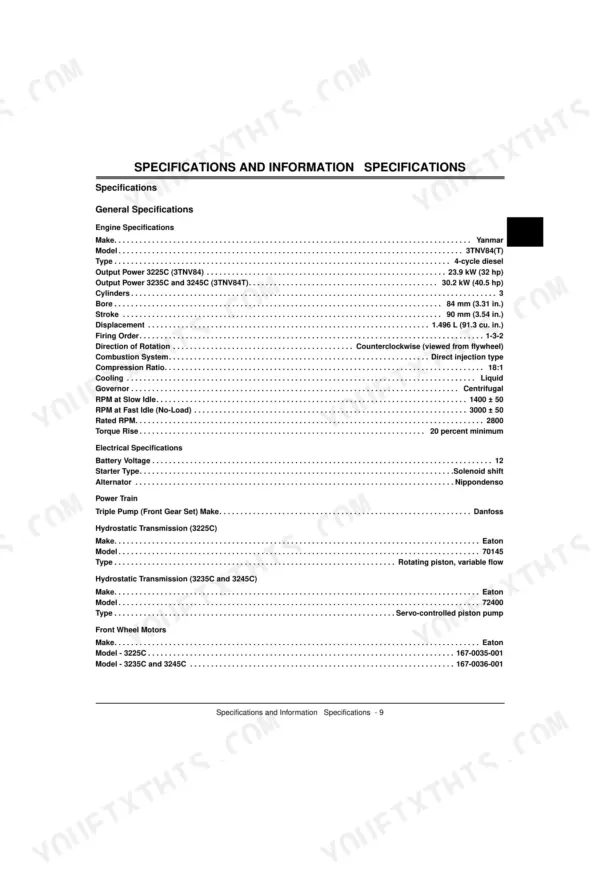 John Deere 3225C, 3235C, 3245C, Lightweight Fairway engine, electrical, and power train general specifications table.