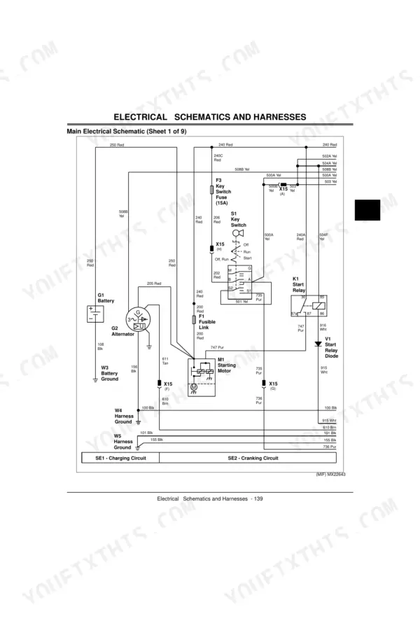 John Deere 3225C, 3235C, 3245C, Lightweight Fairway main electrical schematic showing charging and cranking circuits.