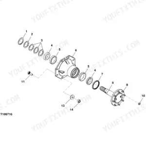 John Deere 325, 328 exploded view diagram of the axle housing assembly showing bearings, seals, and axle shaft components.