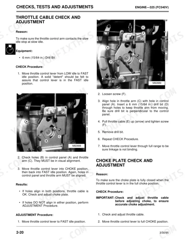 John Deere 325, 345 throttle cable and choke plate check and adjustment procedure with linkage diagrams.