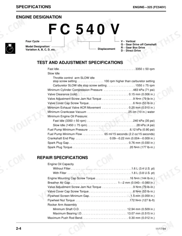 John Deere 325, 345 engine FC540V test, adjustment, and repair specifications table including torque and clearances.