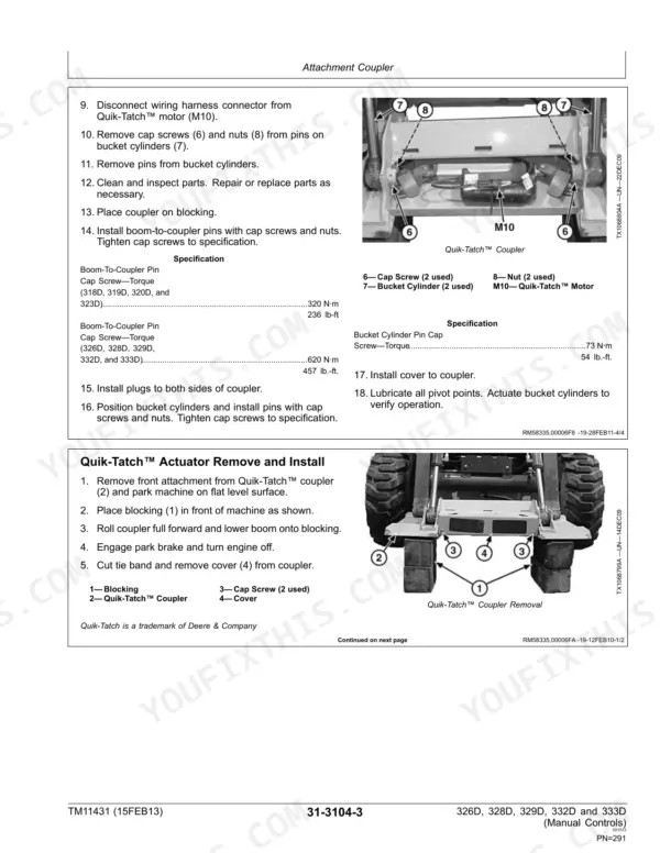 John Deere 326D, 328D, 329D, 332D, 333D Quik-Tatch coupler removal, installation procedures, and torque specifications.