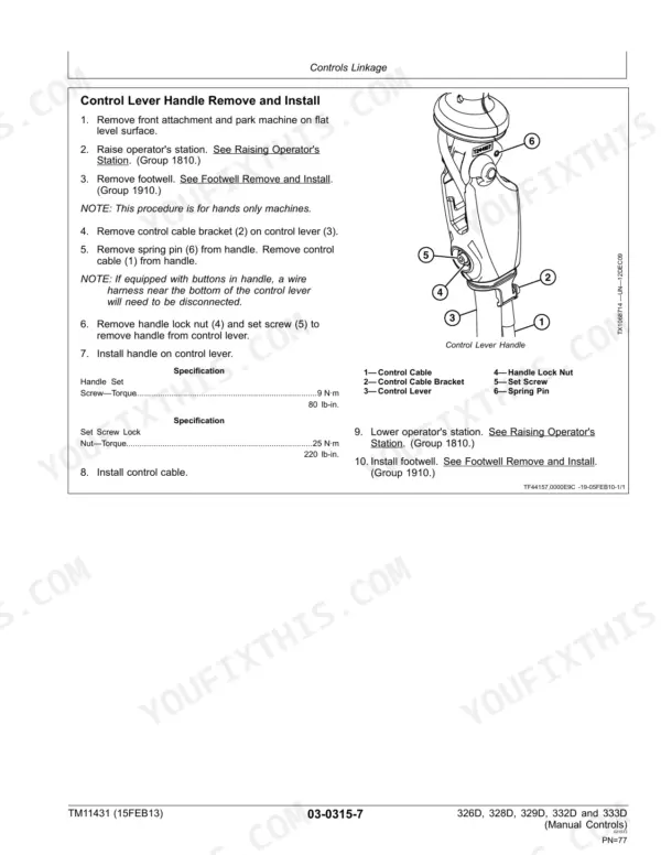 John Deere 326D, 328D, 329D, 332D, 333D control lever handle removal, installation procedure, and torque specifications.