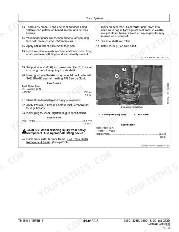 John Deere 326D, 328D, 329D, 332D, 333D track roller assembly procedures, snap ring installation diagram, and oil specs.