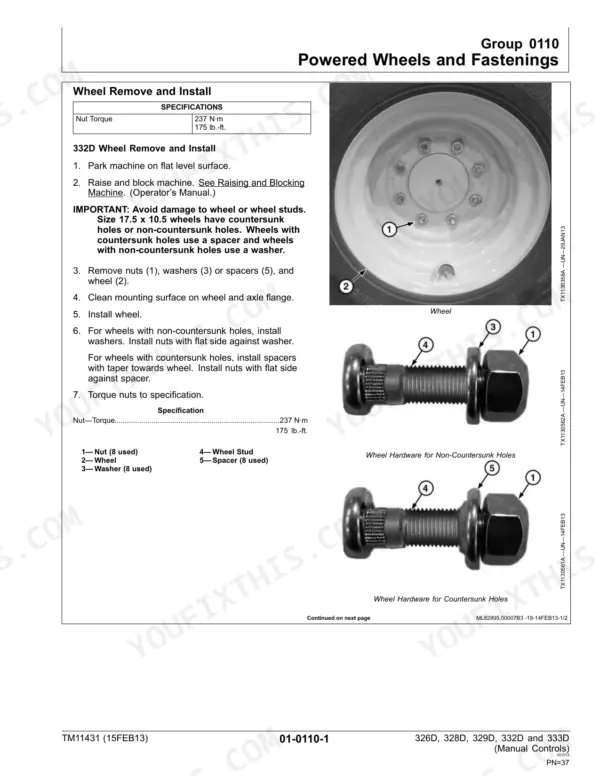 John Deere 326D, 328D, 329D, 332D, 333D wheel removal and installation procedure with torque specs and hardware diagrams.