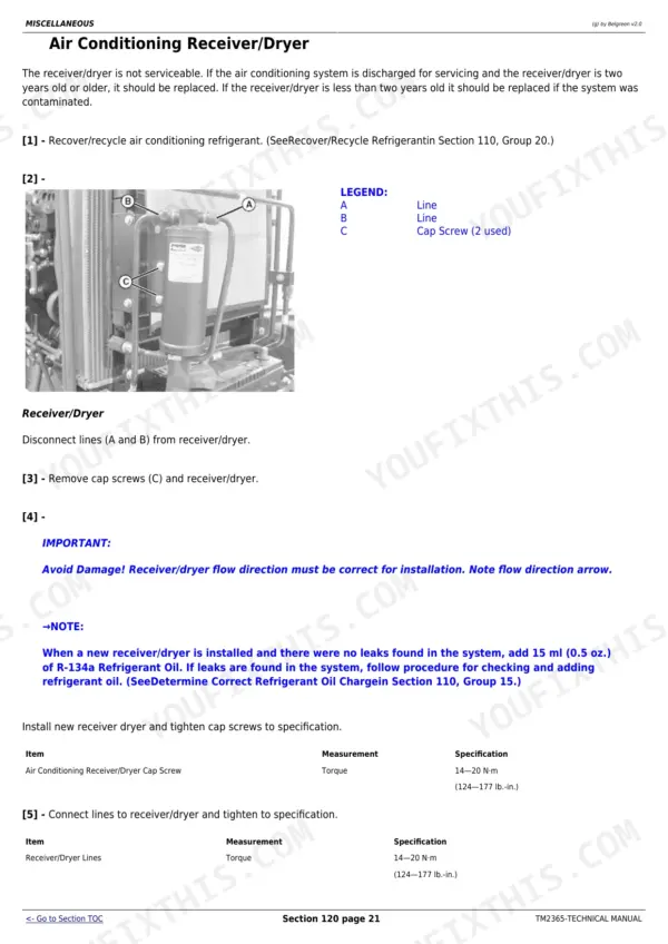 Air conditioning receiver and dryer service description