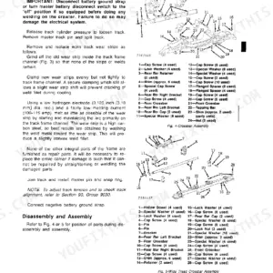 John Deere 350C, 350D, 355D track frame wear strip replacement procedure and crossbar assembly exploded view diagrams.