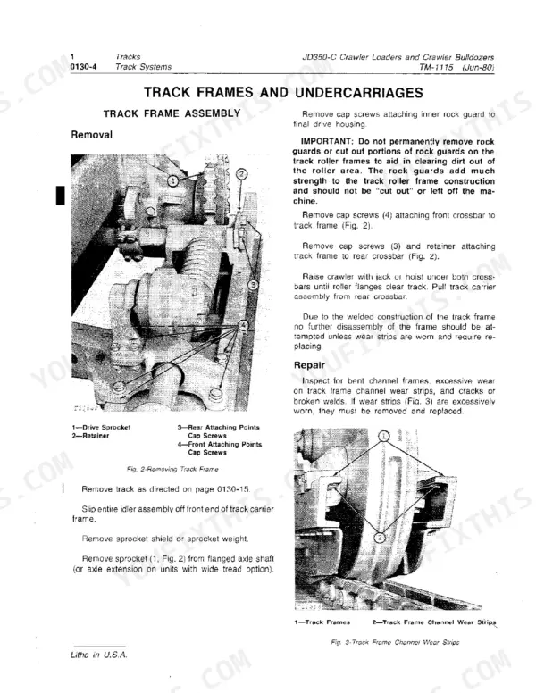 John Deere 350C, 350D, 355D track frame removal and repair procedure with diagrams of drive sprocket and wear strips.