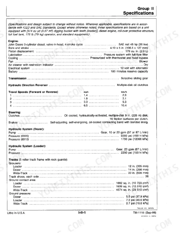 John Deere 350C, 350D, 355D technical specifications table for engine, transmission, hydraulics, and track systems.